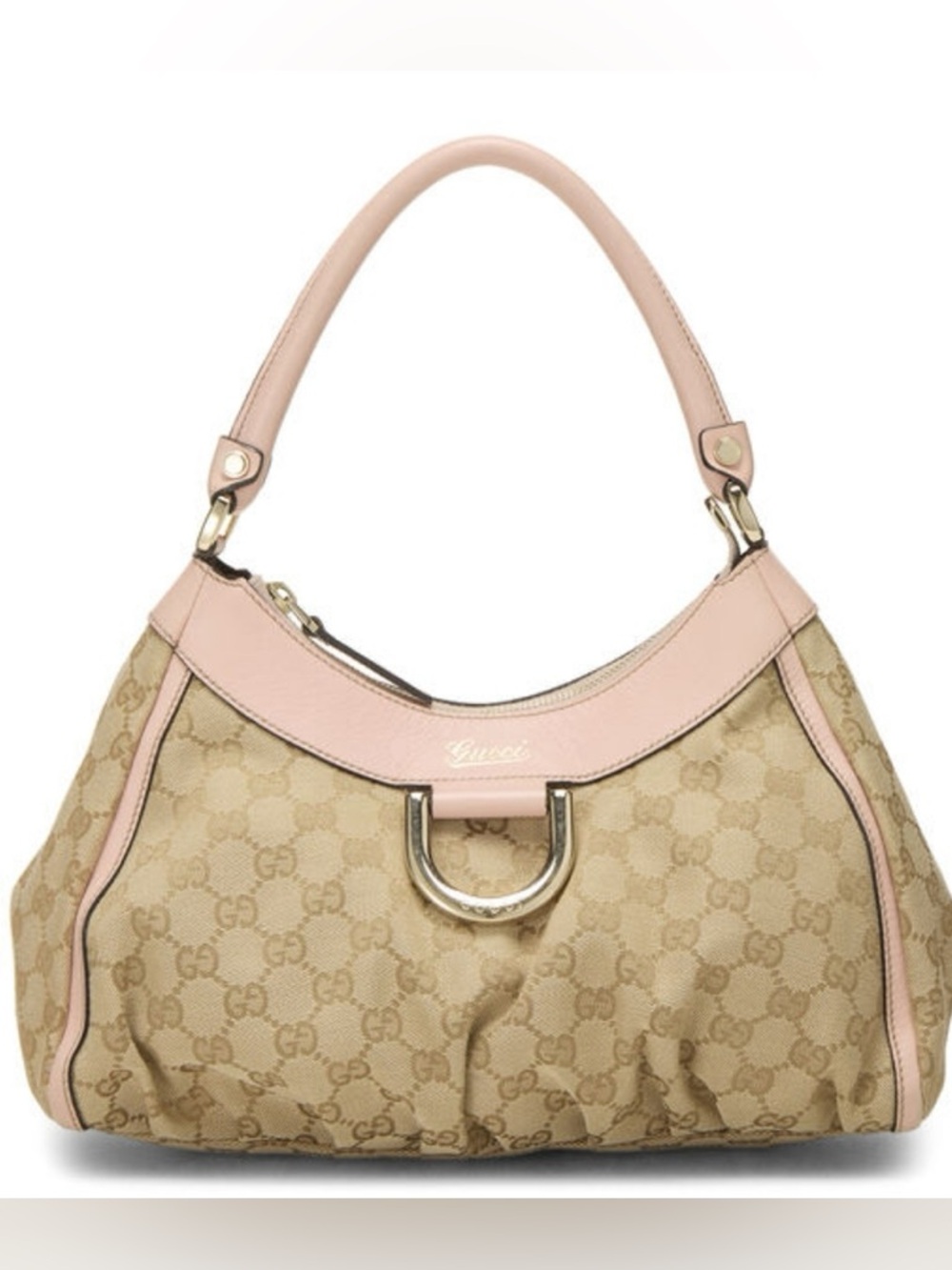 Gucci Beige Signature Canvas Shoulder Bag with Pink Trim
